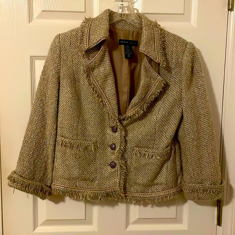 Size 10, NY&Co boucle tweed skirt suit. Tan and off white with gold accent.